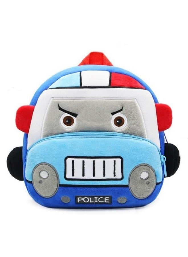 blue tree School Bag for Cute Kids for (1-6 Years), Embroidery Soft Plush Police Van Blue Bag for Toddlers, Cartoon Backpack for Baby Boys and Girls - Image 1