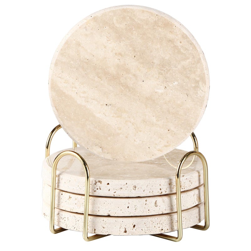 DASSNANE Natural Yellow Travertine Marble Coasters Set of 4-4" Round Stone Drink(with Gold Cup Holder) (4 Round Coasters+ 1 Cup Holder) - Image 1