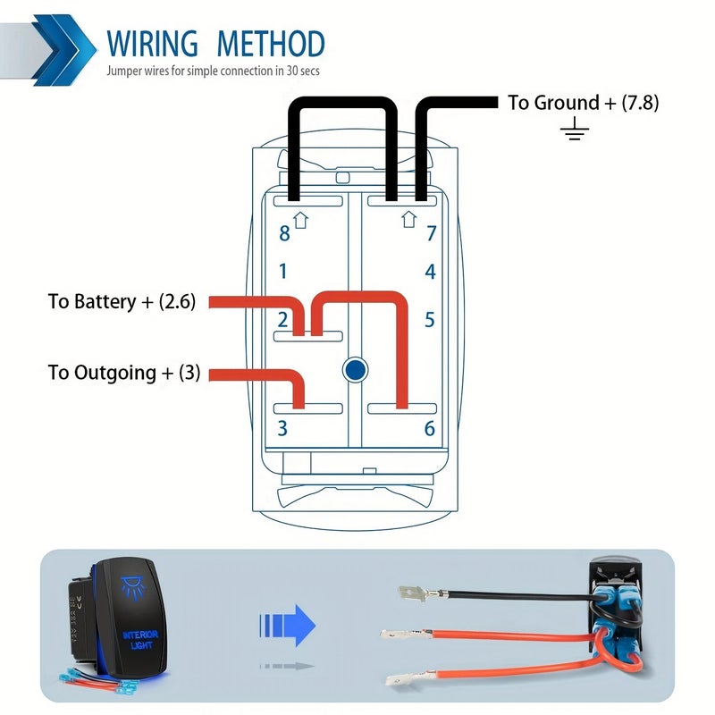 12V 24V Horn Switch With Blue LED Indicator 20A 10A Jumper Wires For Motorcycle Boat - Image 3