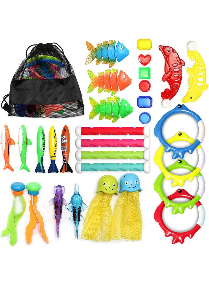 HI-FINE 30 Pcs Diving Toys, Swimming Pool Toys for Kids Ages 8-12 with a Storage Net Bag. Pool Dive Toys for Kids. Pool Games, Swim Summer Water Toys. Include Diving Sticks & Pool Rings - Image 1