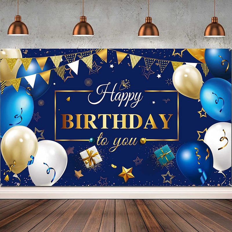 ELECDON Navy Blue and Gold Happy Birthday Banner Party Supplies Photo Backdrop for Boys and Girls Celebration 71 x 55 - Image 1