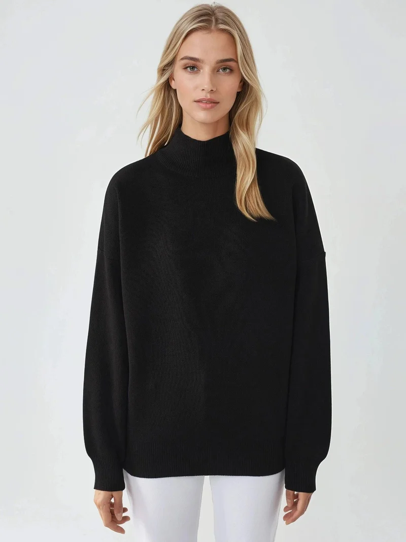 My Fashion Black MY FASHION Oversized Half Turtleneck Knit Sweater for Women | Best Price UAE