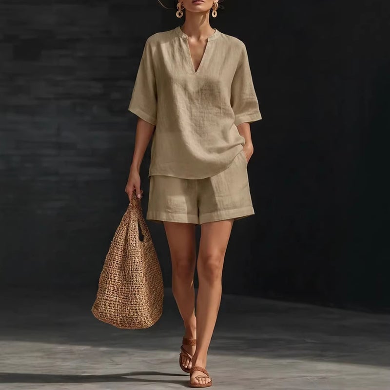 V Neck Top and Shorts Set Women Casual Loose Fit Short Sleeve Two Piece Outfit - Image 2
