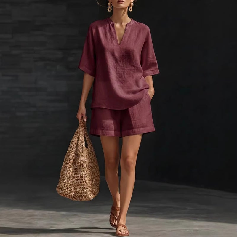 V Neck Top and Shorts Set Women Casual Loose Fit Short Sleeve Two Piece Outfit - Image 1