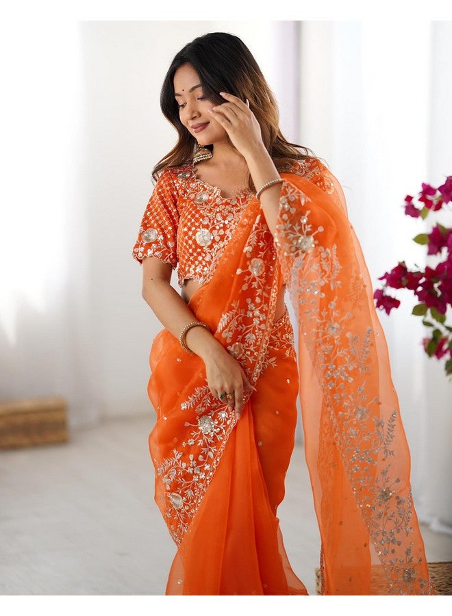 SIRIL Women's Organza Sequence Embroidery Saree With Unstitched Blouse Piece (4472S116_Orange) - Image 2