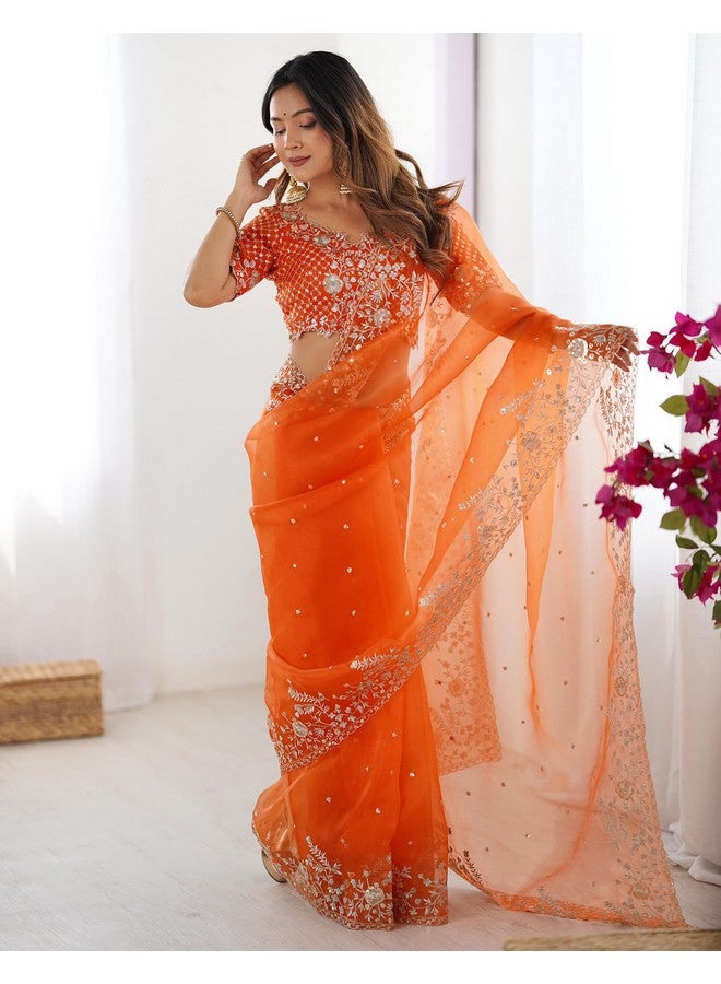 SIRIL Women's Organza Sequence Embroidery Saree With Unstitched Blouse Piece (4472S116_Orange) - Image 5
