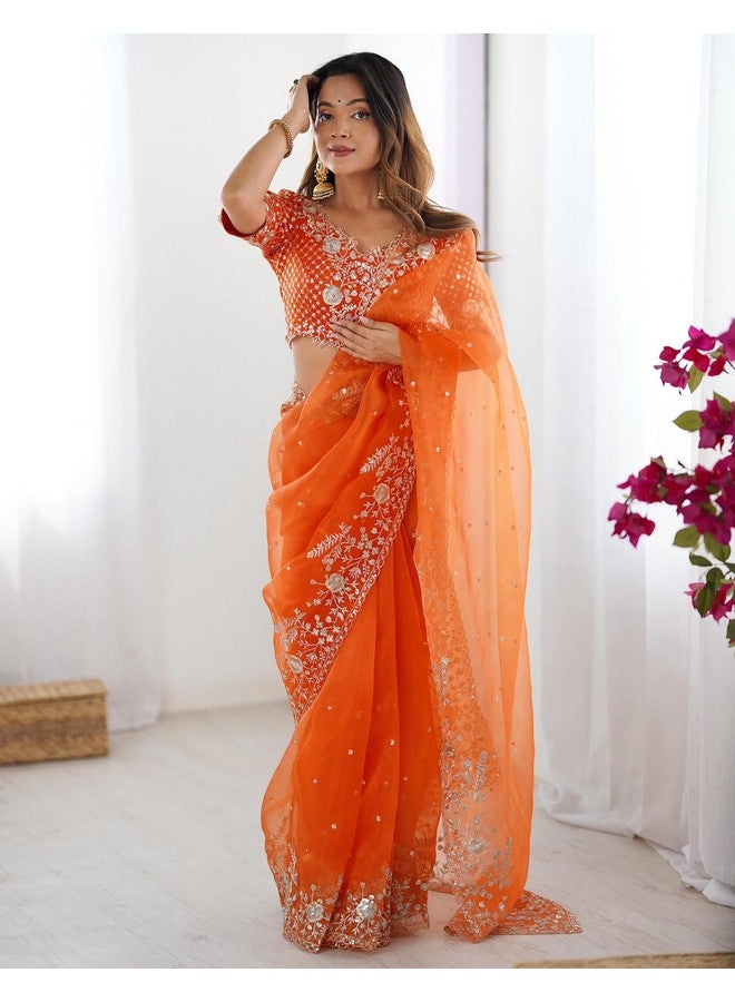 SIRIL Women's Organza Sequence Embroidery Saree With Unstitched Blouse Piece (4472S116_Orange) - Image 3