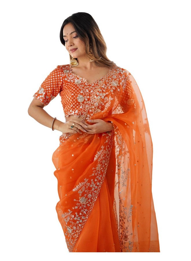 SIRIL Women's Organza Sequence Embroidery Saree With Unstitched Blouse Piece (4472S116_Orange) - Image 1