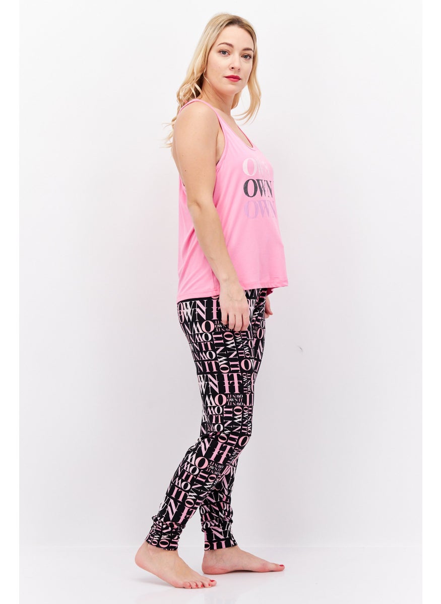 French Affair Women 2 Pieces Top and Bottom Sleepwear Set, Pink  - Image 3