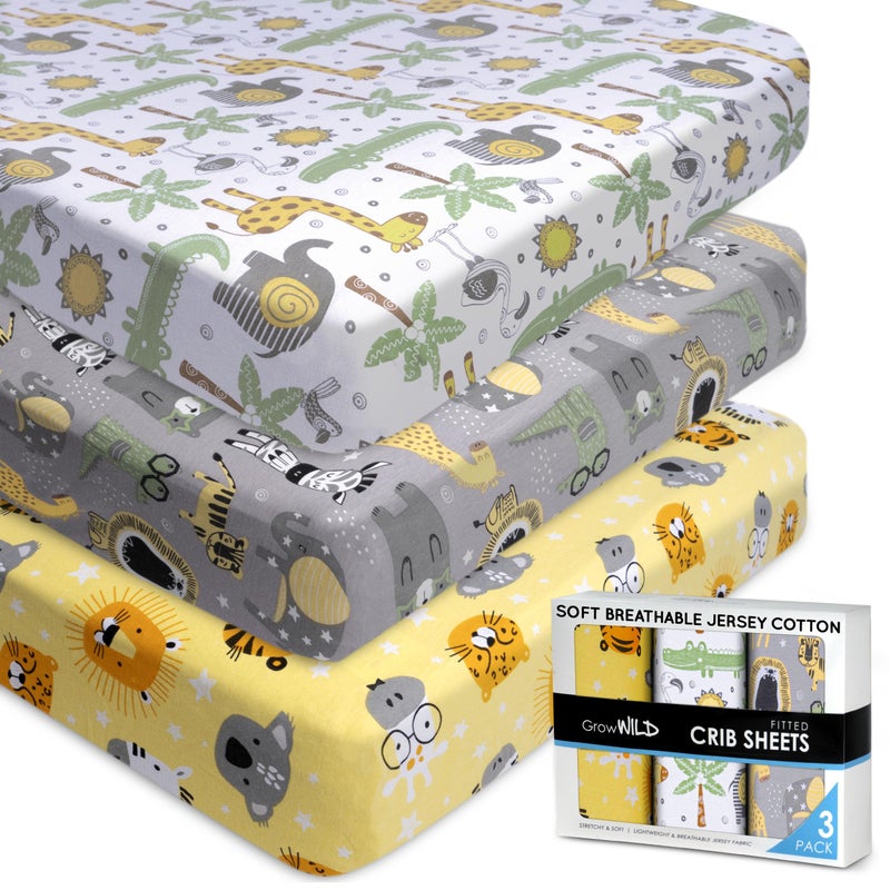 شراشف سرير أطفال بحرية ملائمة 3 قطع من GROW WILD قطن جيرسي لسرير الأطفال لسرير الفتيان مجموعة سرير الأطفال 52 x 28 x 9 شراشف سرير حيوانات السفاري