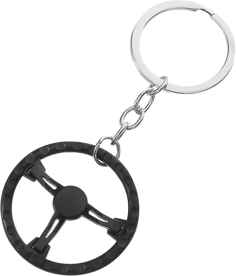 Black Metal Racing Car Steering Wheel Keychain Keyring Bag Hanging Charm - Image 1