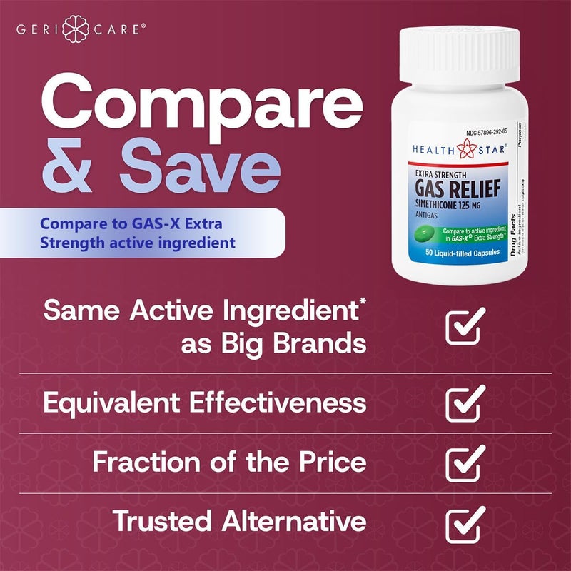 GeriCare Simethicone 125mg Extra Strength Gas Relief Softgels Relieves Stomach Pressure Bloating and Fullness 50 Count Pack of 1 - Image 4