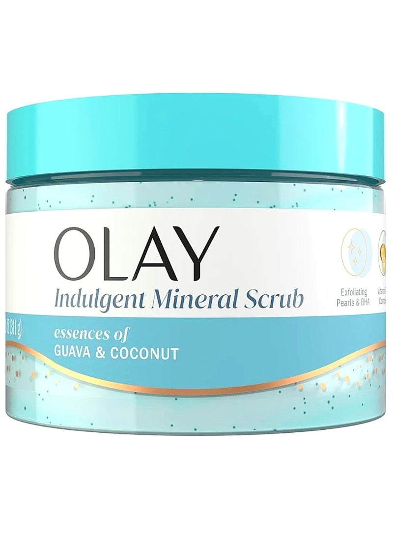 Olay Indulgent Mineral Scrub Skin Exfoliating Massaging Pearls Renewing BHA Vitamin B3 Complex Essences of Coconut Guava Scent 11 oz - Image 1