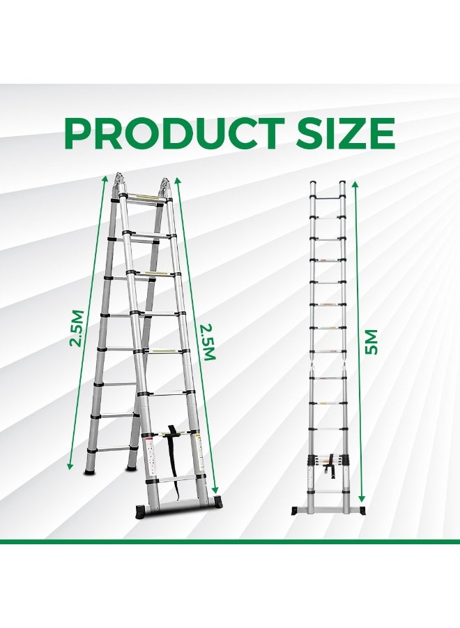 5M Professional Double Telescopic Aluminum Ladder Foldable & Extendable with Dual Safety Lock System Durable Design for Home, Workshop & Industrial Tasks - Image 2