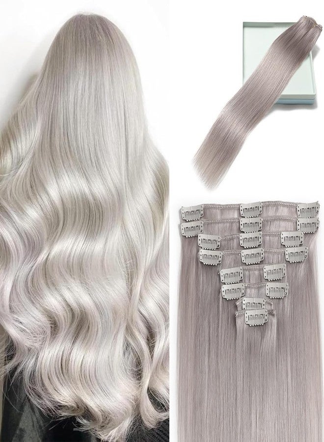 LORIEN Silver Grey Clip in Hair Extensions Real Human Hair Clip ins Remy Human Hair Clip in Extensions Invisible Natural Straight Seamless Clip on Hair Extensions 8pcs Double Weft 22 Inch 110g - Image 1