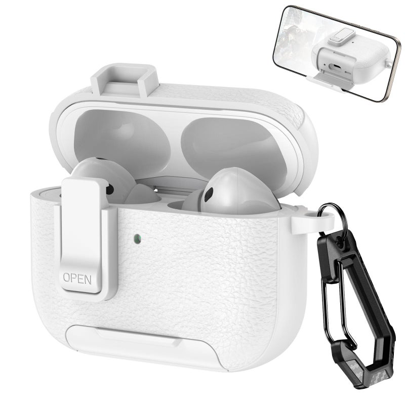 erorex For AirPods Pro 3 Leather Texture Wireless Earphones Case with Hook & Holder(White) - Image 1