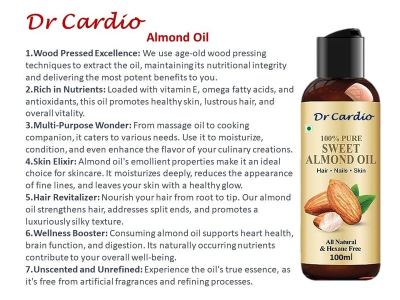 Dr Cardio Almond oil all natural cold pressed Chemical Free for Hair Skin and vitality 100 ml X 2 - Image 3