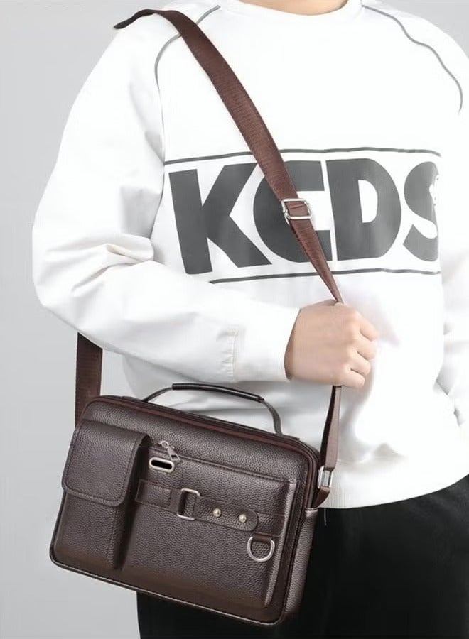 Canway Business Messenger Shoulder Bag PU Leather Retro Chic Handbag Casual Portable Zipper Crossbody/Shoulder Bag Husband Gift for Men Travel Work Office Dark Brown - Image 3