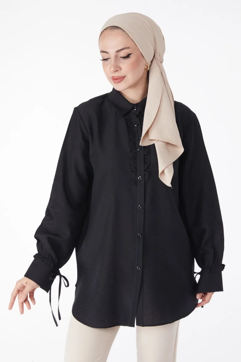 Tofisa Plain Shirt Collar Women's Black Ruffle Shirt - 25259