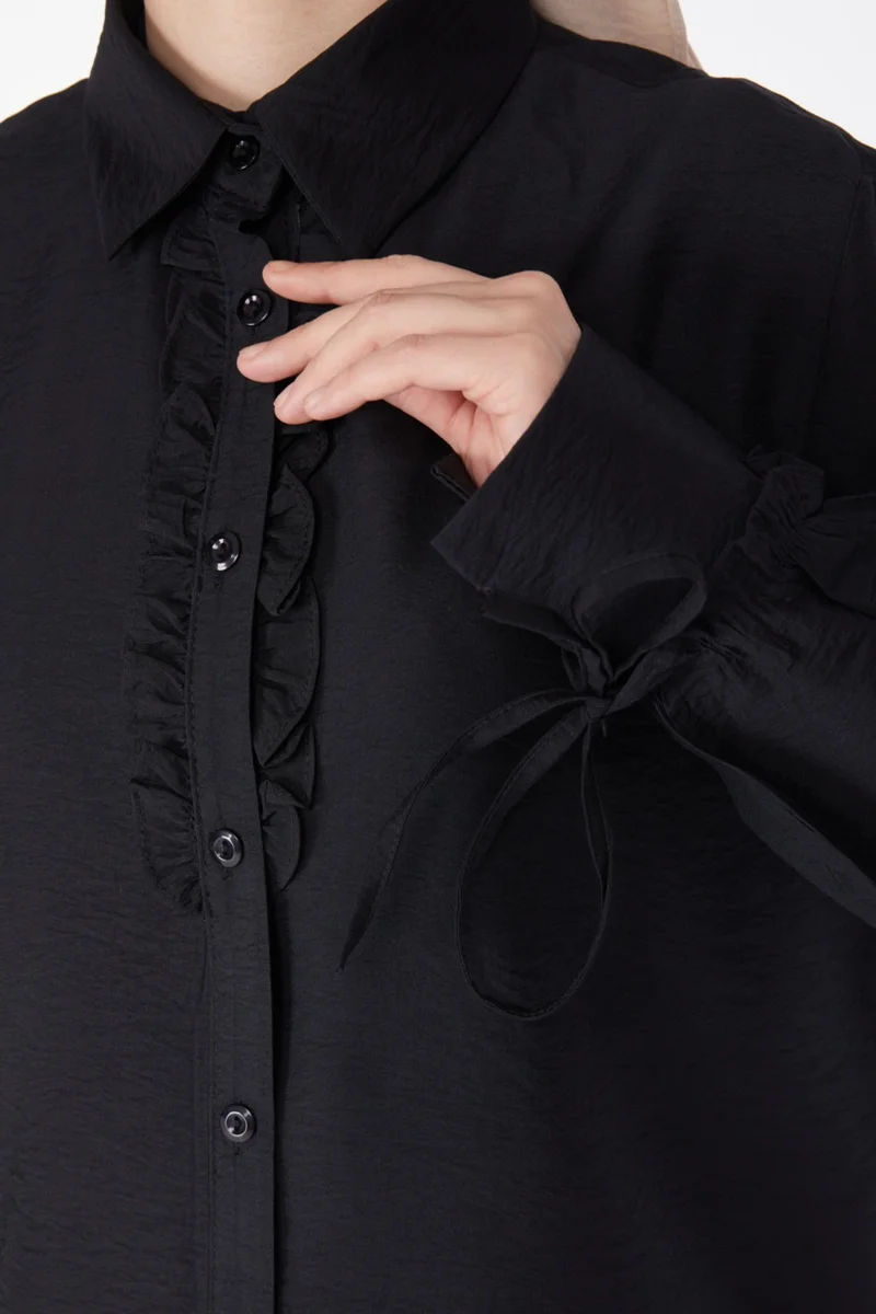 Tofisa Plain Shirt Collar Women's Black Ruffle Shirt - 25259