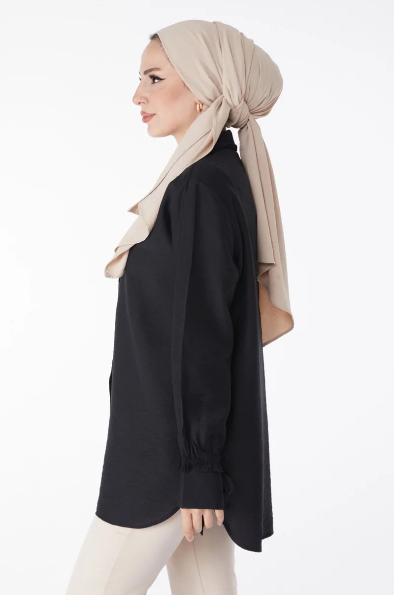 Tofisa Plain Shirt Collar Women's Black Ruffle Shirt - 25259