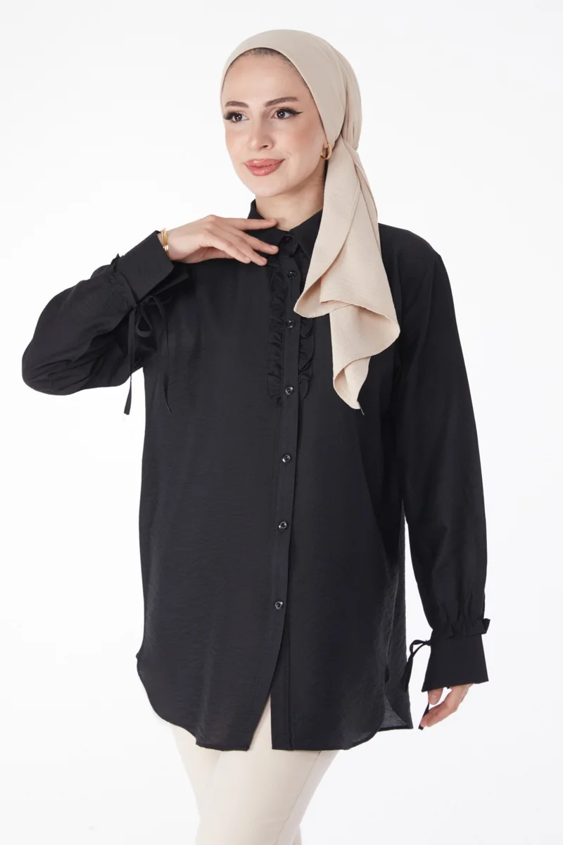 Tofisa Plain Shirt Collar Women's Black Ruffle Shirt - 25259