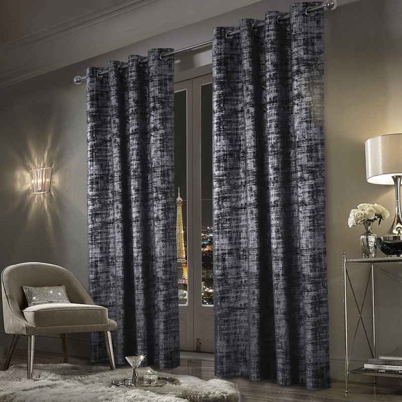 always4u 100 Blackout Soft Velvet Curtains for Bedroom Living Room Thermal Energy Saving 84 Inches Long Luxury Silver Foil Print Drapes 2 Panels Charcoal Grey