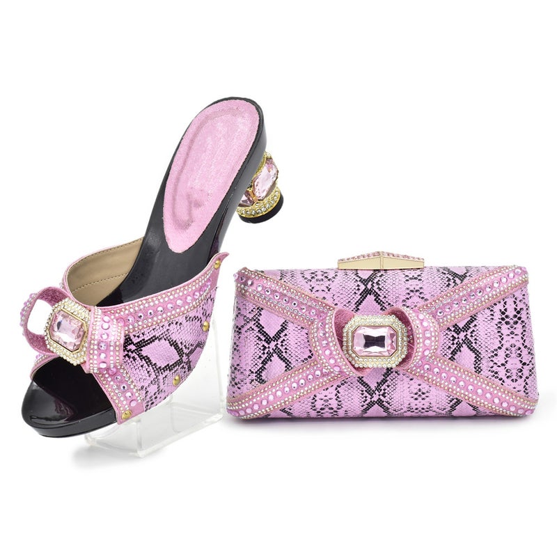 Serpentine Pu Leather Rhinestone High Heel Sandals With Evening Bag With Fashion Dress Evening Bag Clutch Suit - Image 4