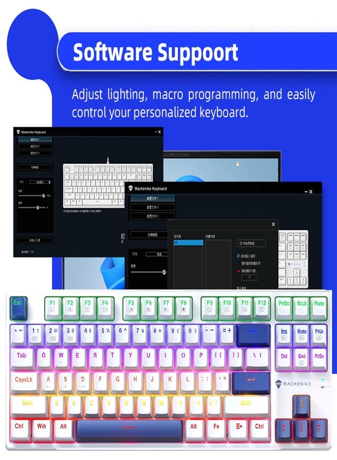 ماكينيك لوحة مفاتيح الألعاب الميكانيكية السلكية Machenike K500B-B87، بحجم 75% TKL، 87 مفتاحًا، مفاتيح خطية حمراء قابلة للتبديل السريع مع لوحة أرقام، إضاءة خلفية RGB ديناميكية، خاصية منع التداخل، أغطية مفاتيح PBT مزدوجة الحقن، أبيض/أزرق - Image 5