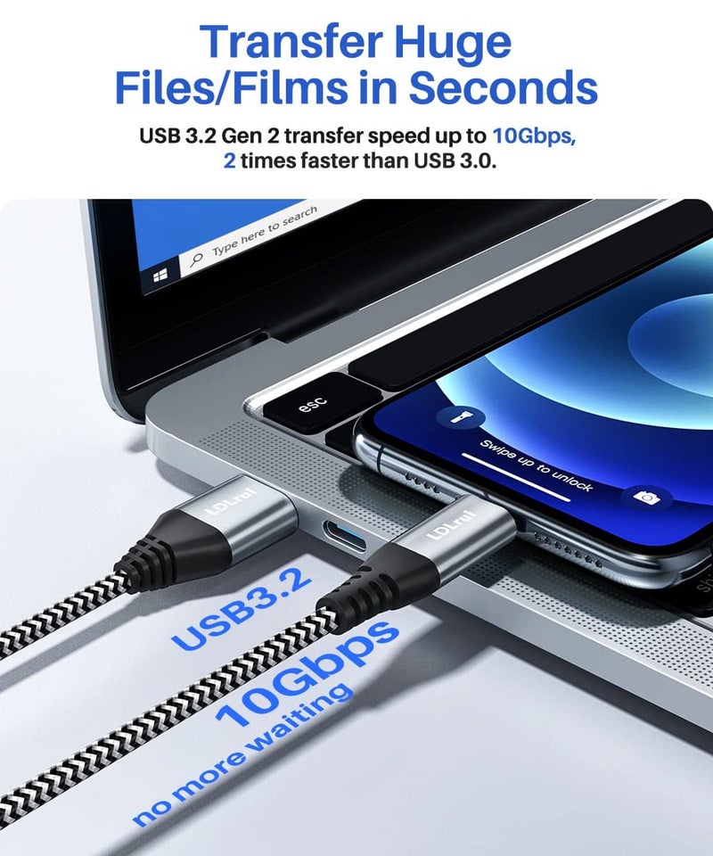 LDLrui كابل LDLrui USB A إلى USB C 3.1 جين 2، شحن سريع 3A ونقل بيانات 10Gbps لماك بوك، جالاكسي S20، سامسونج T7، SSD محمول، SSD، أوكولوس كويست، أندرويد أوتو، أسود وأبيض، 6 أقدام، 1 عبوة - Image 3