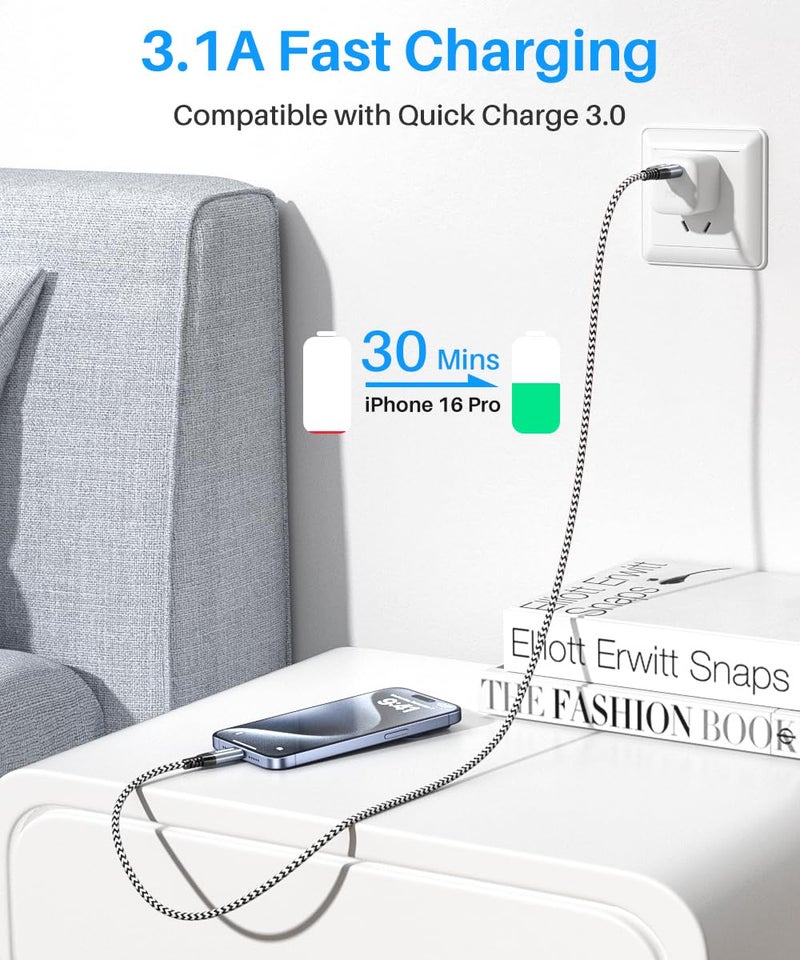 LDLrui كابل LDLrui USB A إلى USB C 3.1 جين 2، شحن سريع 3A ونقل بيانات 10Gbps لماك بوك، جالاكسي S20، سامسونج T7، SSD محمول، SSD، أوكولوس كويست، أندرويد أوتو، أسود وأبيض، 6 أقدام، 1 عبوة - Image 2