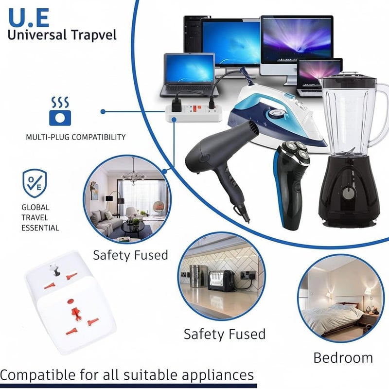 U.E Universal Travel Adapter Plug 13A 3WAY Multi Plug Socket Converter with Indicator Light and Fused Protection - Image 5