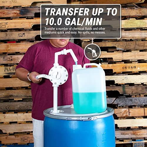 TERA PUMP Barrel Chemical Pump for 55 Gallon Barrel, Heavy Duty Polypropylene, Hand Crank Action Pump, 10 GPM, Corrosion Resistant, Fits 15 to 55 Gallon Drums, for Chemicals, DEF, Hydraulic Fluid - Image 3