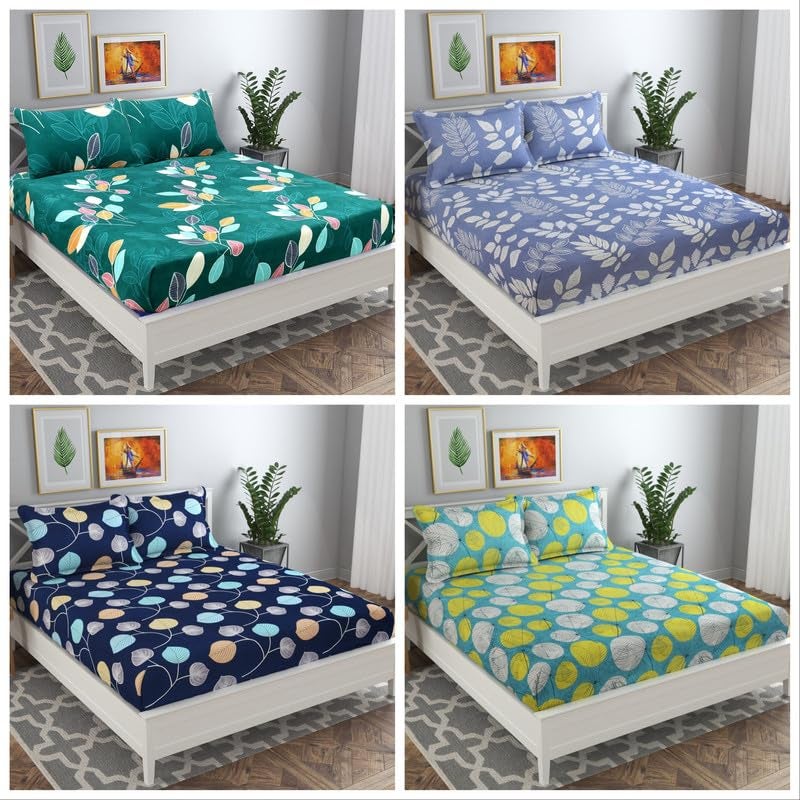 VAS COLLECTIONS Prime Combo Pack of 4 Double Bedsheets with 8 Pillow Covers 160 TC Soft Brushed Glace Cotton Long Lasting Wrinkle Free 225X228 Cm Or 75X75 FtGreen Blue Grey