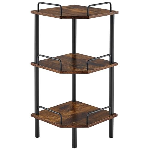 Tajsoon Corner Shelf Stand 3 Tier Industrial Corner Shelves Multipurpose Standing Display Shelf Corner Shelving Unit for Bedroom Living Room Office Kitchen Rustic Brown