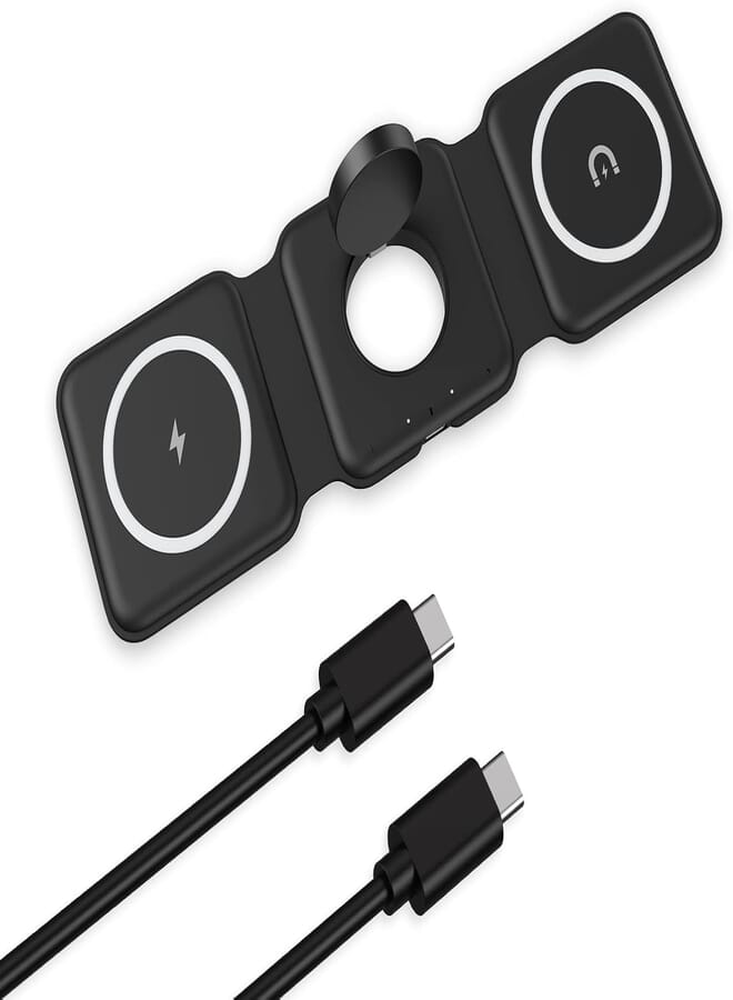 ORIA 3-in-1 Wireless Charger, Foldable Magnetic Charging Station, 15W Fast Charging Pad for iPhone, AirPods, iWatch - Black