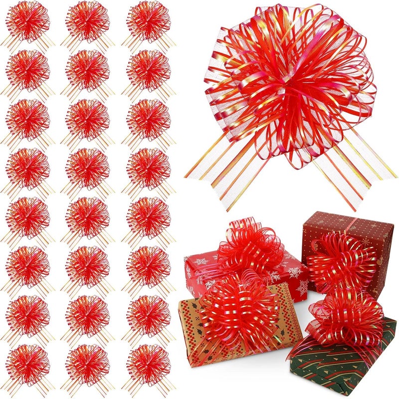 Poen 24 Pcs Organza Pull Bows Christmas 6 Inch Large Gift Wrapping Ribbon Bows Crafts for Present Wrapping with Ribbon for Gift Baskets Wedding Valentine Party Decor(Red) - Image 1