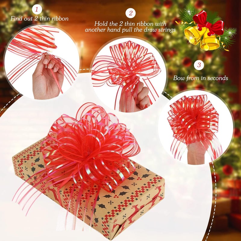 Poen 24 Pcs Organza Pull Bows Christmas 6 Inch Large Gift Wrapping Ribbon Bows Crafts for Present Wrapping with Ribbon for Gift Baskets Wedding Valentine Party Decor(Red) - Image 4