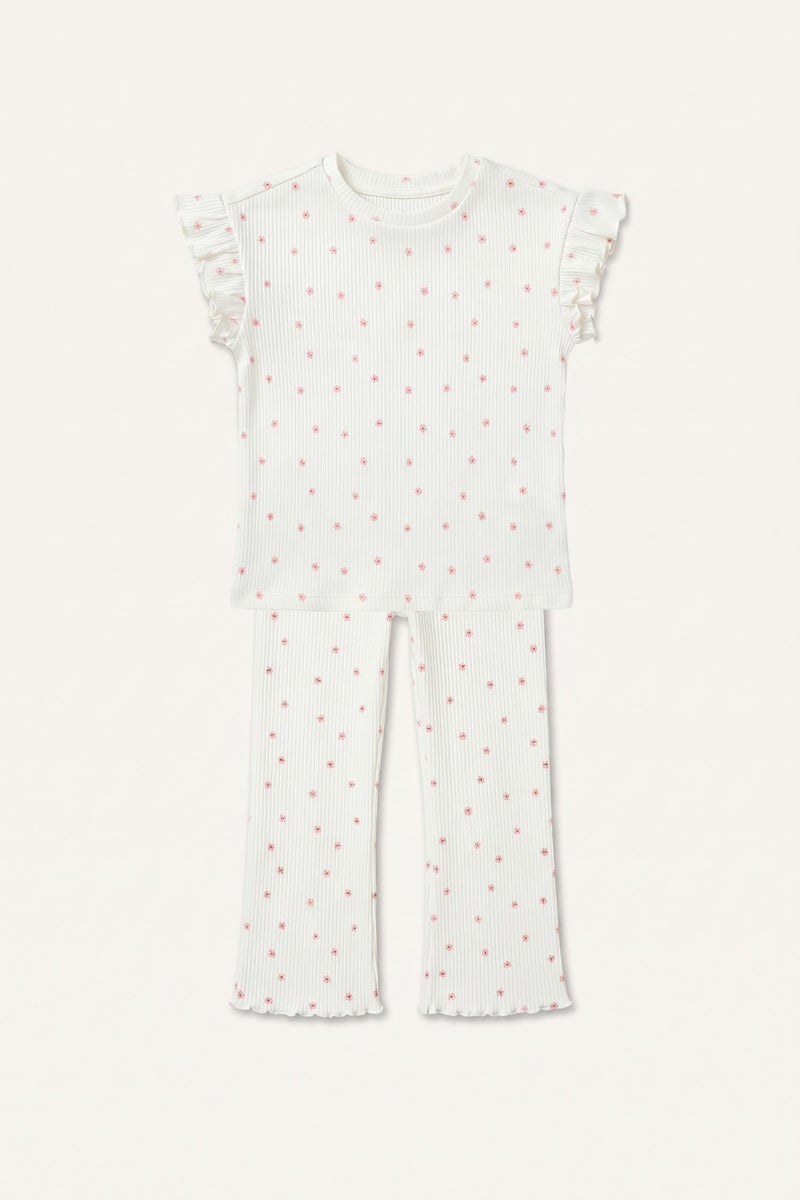 DeFacto Beige BabyGirl Baby Girl 2 piece Regular Fit Crew Neck Floral Set Casual - Image 4