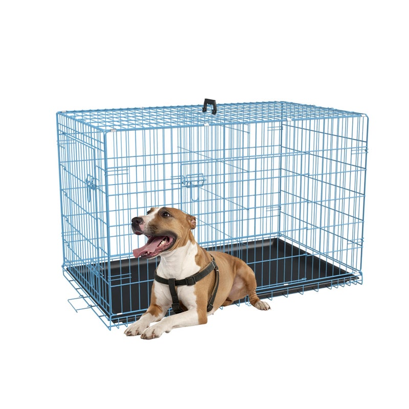 FDW Dog Crate for Medium Dogs 36 Inch Folding Metal WirePet Cage Double Door W/Divider Panel Indoor Outdoor Kennel Leak-Proof Plastic Tray,Blue - Image 1