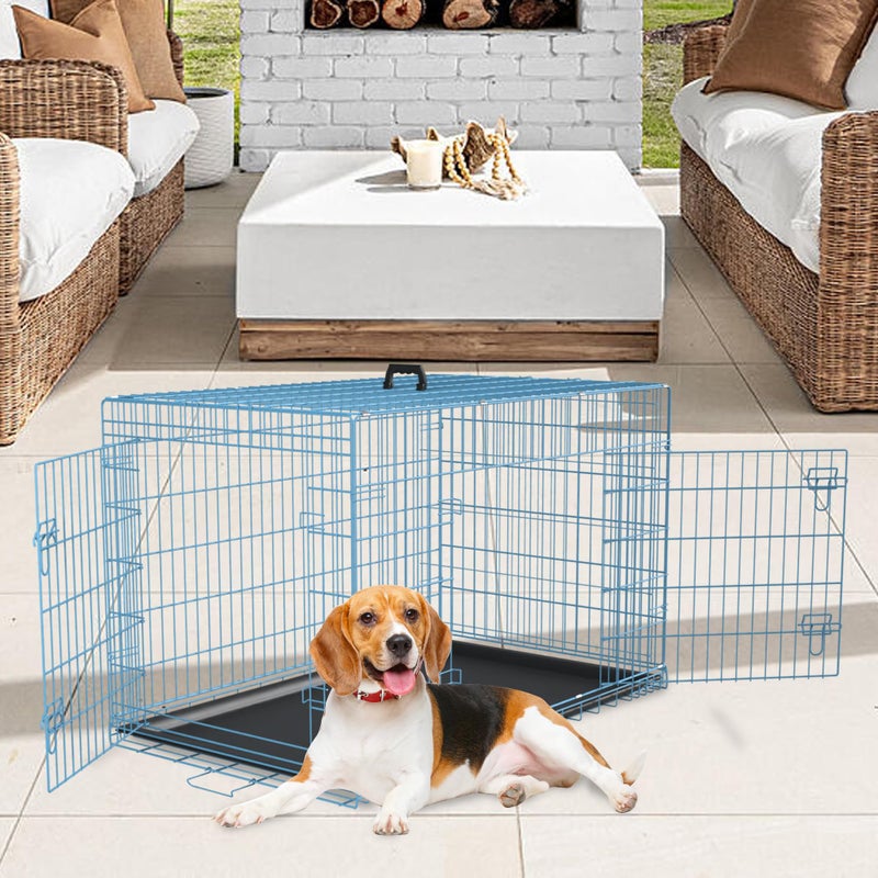 FDW Dog Crate for Medium Dogs 36 Inch Folding Metal WirePet Cage Double Door W/Divider Panel Indoor Outdoor Kennel Leak-Proof Plastic Tray,Blue - Image 2
