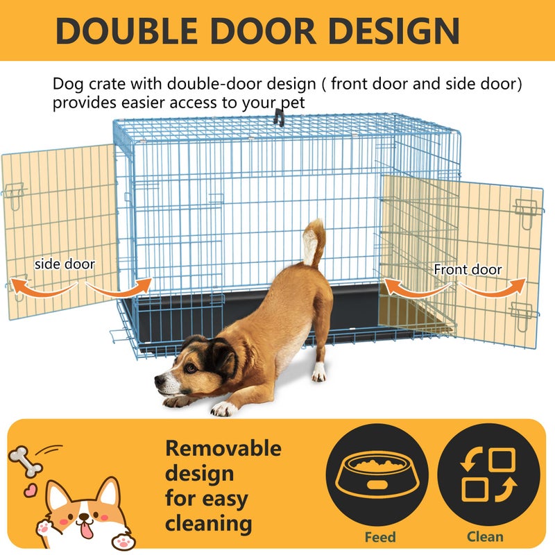 FDW Dog Crate for Medium Dogs 36 Inch Folding Metal WirePet Cage Double Door W/Divider Panel Indoor Outdoor Kennel Leak-Proof Plastic Tray,Blue - Image 4