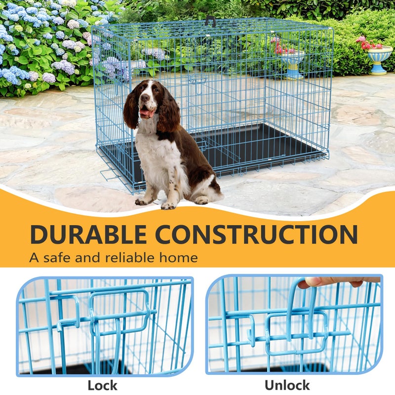 FDW Dog Crate for Medium Dogs 36 Inch Folding Metal WirePet Cage Double Door W/Divider Panel Indoor Outdoor Kennel Leak-Proof Plastic Tray,Blue - Image 3