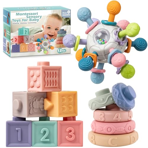 spring flower SpringFlower 3 in 1 Montessori Toys for Babies 03612 Months Rattle Teether Baby Blocks Soft Stacking Rings Sensory Developmental Education ToysGift for Toddler Baby 0361218 Months - Image 1