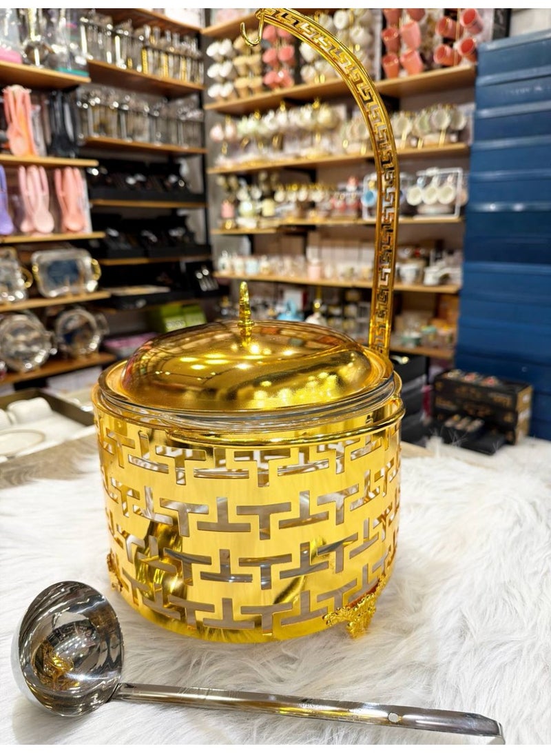 New from Hour Gallery: The most beautiful gold serving dish, perfect for gatherings and brides!  It doesn't change color. The dish is made of heat-resistant Pyrex. Capacity: 4 liters. High-quality imported product. The product includes a heating element. Dimensions: 25 cm. Height: 40 cm. - Image 1