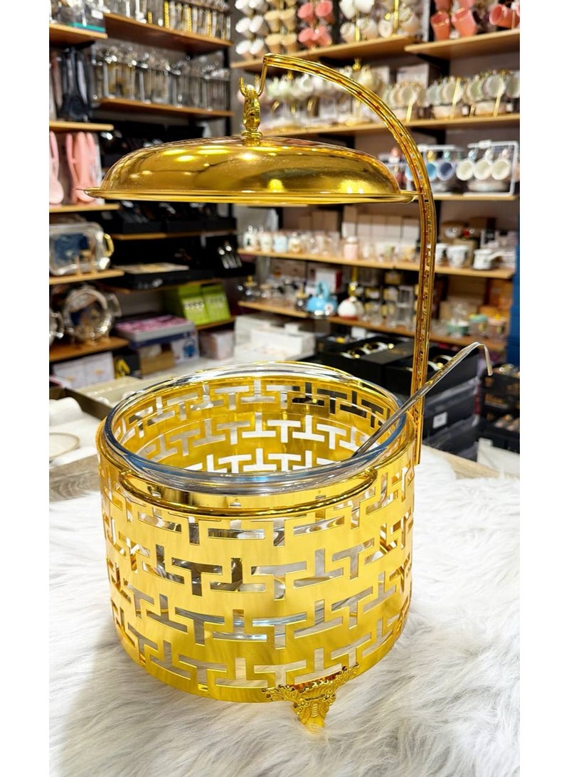 New from Hour Gallery: The most beautiful gold serving dish, perfect for gatherings and brides!  It doesn't change color. The dish is made of heat-resistant Pyrex. Capacity: 4 liters. High-quality imported product. The product includes a heating element. Dimensions: 25 cm. Height: 40 cm. - Image 2