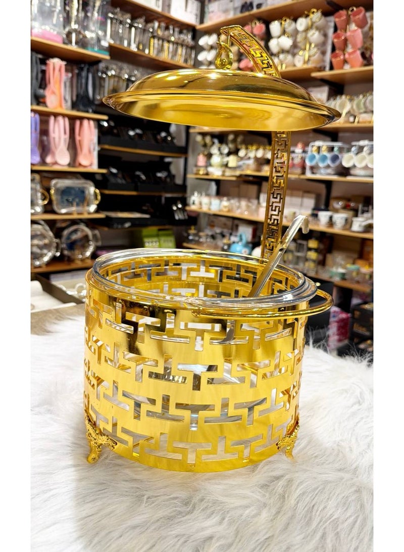 New from Hour Gallery: The most beautiful gold serving dish, perfect for gatherings and brides!  It doesn't change color. The dish is made of heat-resistant Pyrex. Capacity: 4 liters. High-quality imported product. The product includes a heating element. Dimensions: 25 cm. Height: 40 cm. - Image 3