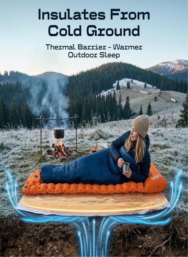 CKG Camping Sleeping Pad with Thermal Barrier, Ultralight Camping Mat 4in Thick with Pillow, Built-in Foot Pump Self Inflating Sleeping Pad for Hiking Tent Road Trip Car Camp Travel Gear, Orange - Image 4