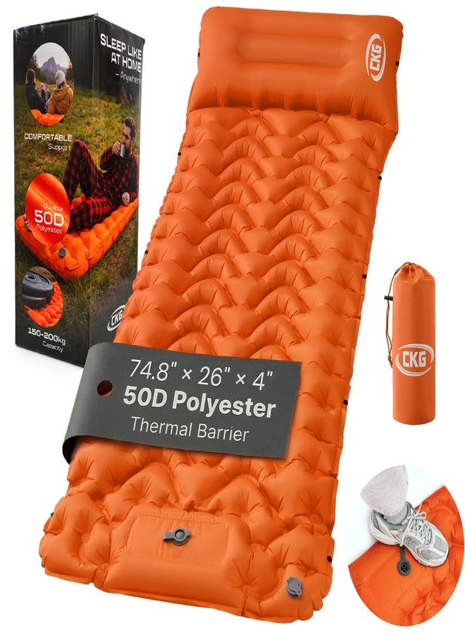CKG Camping Sleeping Pad with Thermal Barrier, Ultralight Camping Mat 4in Thick with Pillow, Built-in Foot Pump Self Inflating Sleeping Pad for Hiking Tent Road Trip Car Camp Travel Gear, Orange - Image 1
