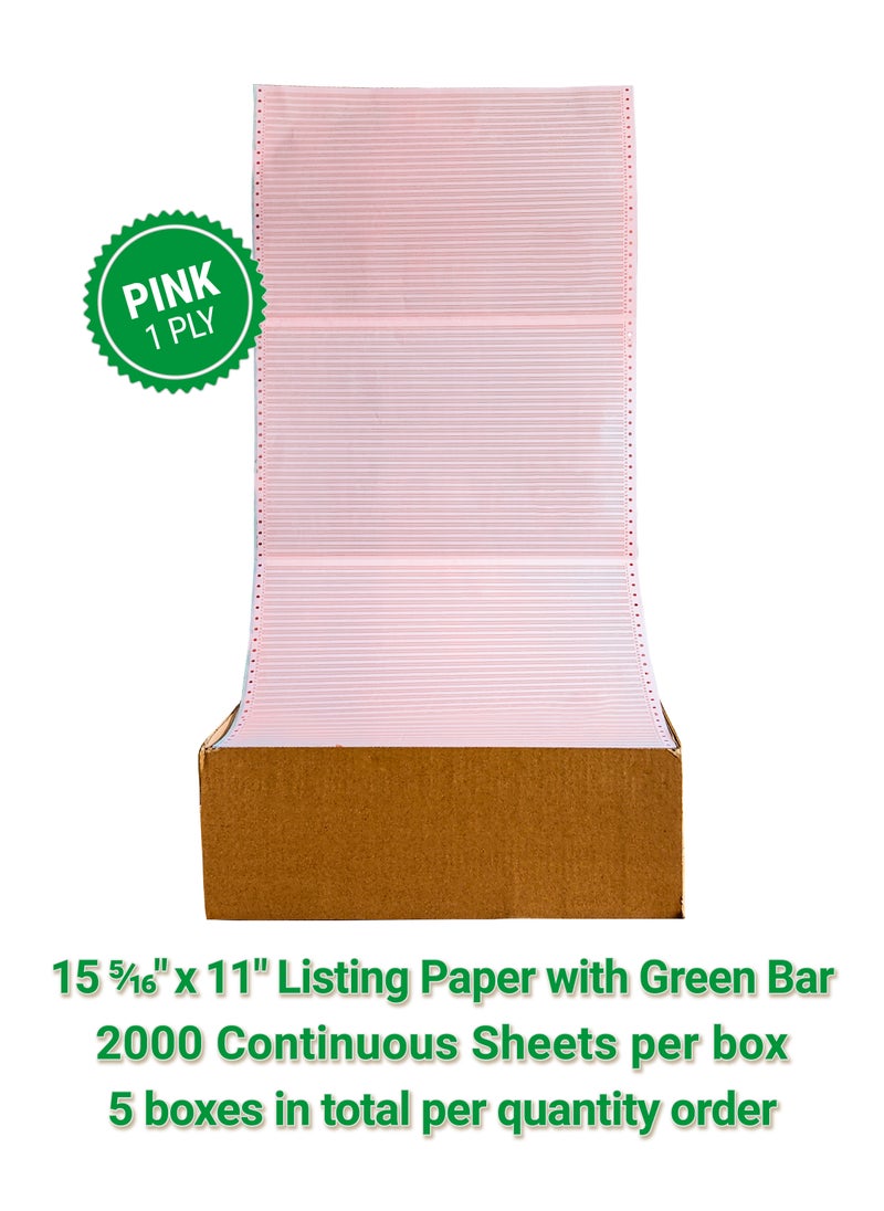 Abulhoul Printing Press LLC ABULHOUL Continuous Listing Computer Paper With Green Bar 15 5/16” x 11” PINK Ply Single 2000 Sheets Per Box 60gsm (±5% In Actual Weight) Used For Wide Dot-Matrix Impact Printers With Ink Ribbons  - Image 1